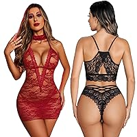Avidlove Lace Lingerie Sets with Panty(Black and Dark Red, XXL)