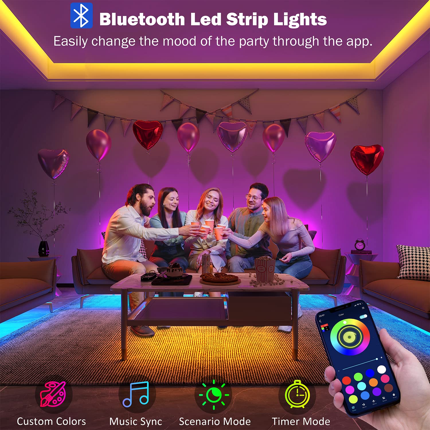 50ft Led Lights for Bedroom, Bluetooth Smart APP Control 5050 RGB Color Changing Led Strip Lights with Remote Control and Power Adapter Led Lights for Room Kitchen Party Home Decoration