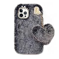 Losin Compatible with iPhone 15 Pro Max Plush Furry Case with Bling Diamond Camera Protection Women Girls Cute Case with 3D Heart Pendant Soft TPU Shockproof Protective Cover, Gray