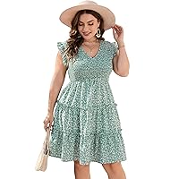 KOJOOIN Plus Size Sleeveless Summer Dress for Women Ruffle Short Sleeve Smocked Dress V Neck Babydoll Midi Dress