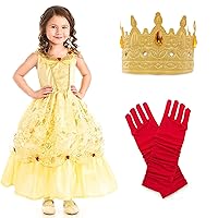 Little Adventures Yellow Beauty Princess Costume Dress Bundle with Gold Crown & Red Gloves - Machine Washable Pretend Play (Size Medium Age 3-5)