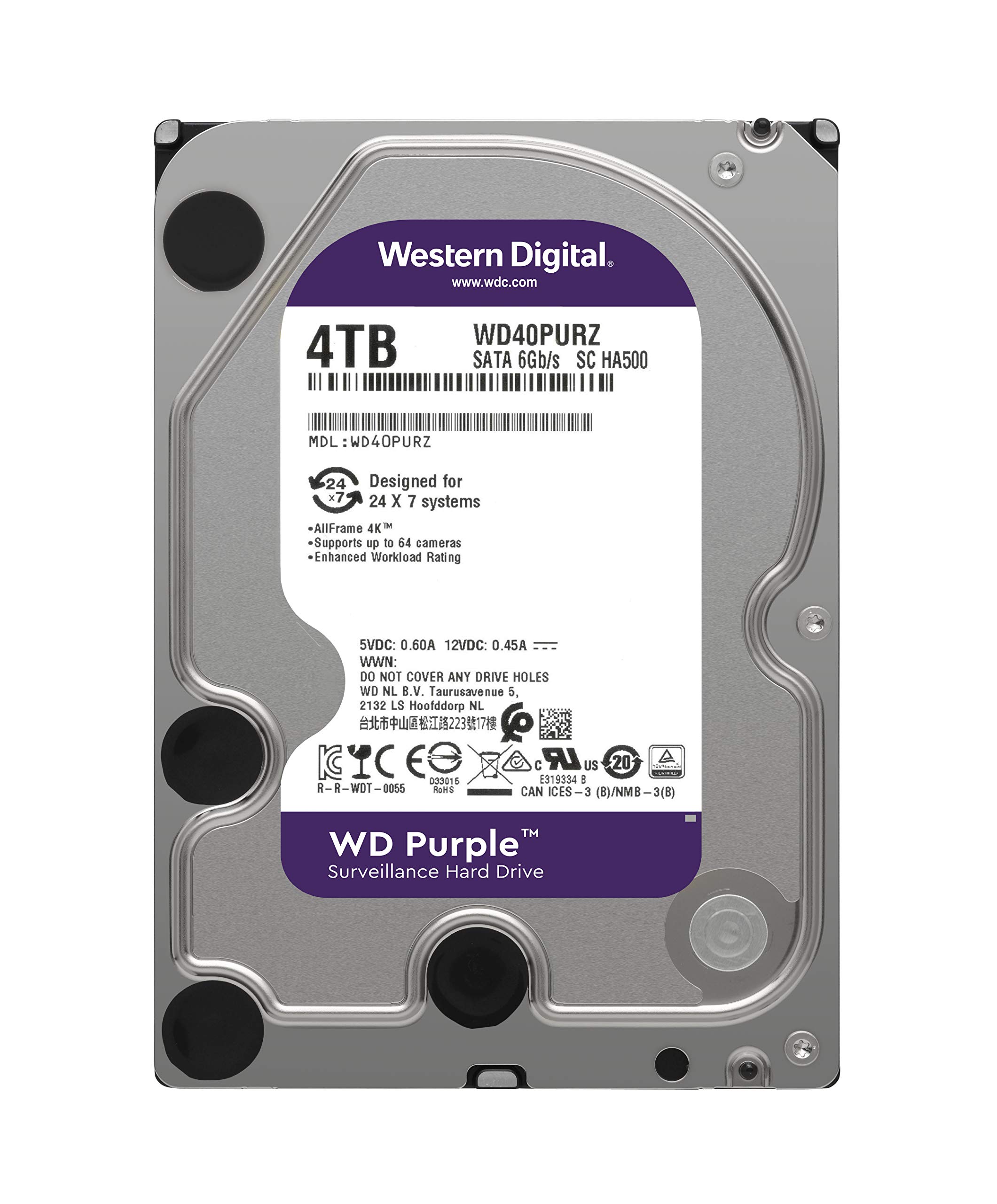 Western Digital 4TB WD Purple Surveillance Internal Hard Drive HDD - SATA 6 Gb/s, 64 MB Cache, 3.5