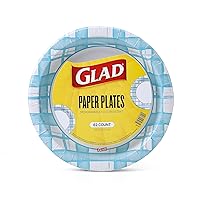 Glad Everyday Round Disposable Paper Plates with Aqua Plaid Design | Cut-Resistant, Microwavable Paper Plates for All Foods & Daily Use | 8.5 Inches, 62 Count