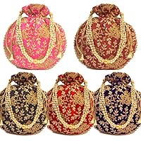 Indian Embroidered Multicolor Potli Bag with Pearls Handle Purse Party Wear Ethnic Clutch for Women Combo of 5