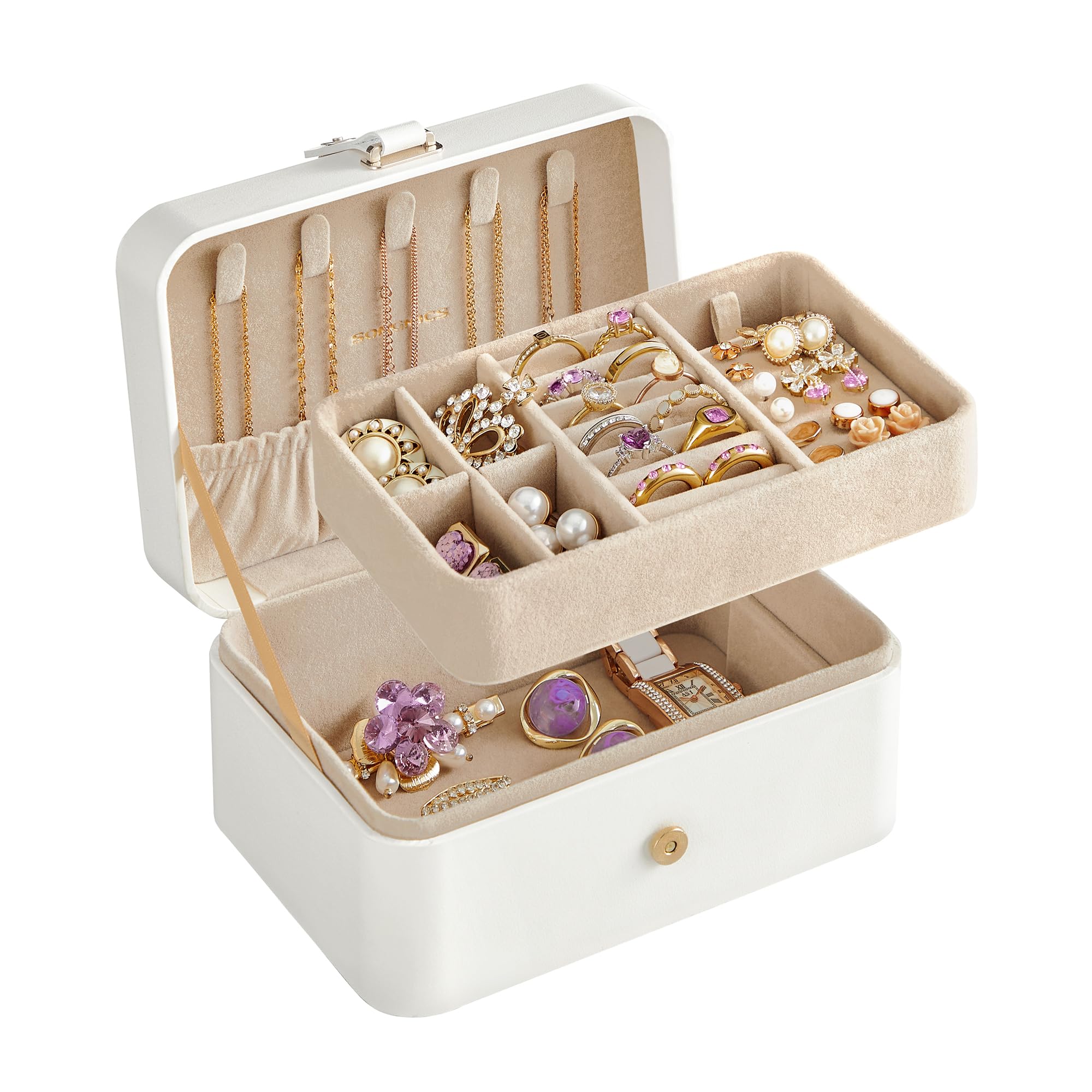 SONGMICS Jewelry Box, Travel Jewelry Case, 2-Layer Jewelry Holder Organizer, 4.3 x 6.3 x 3.1 Inches, Portable, Versatile Earring Storage, for Larger Accessories, Gift Idea, Cloud White UJBC166W01