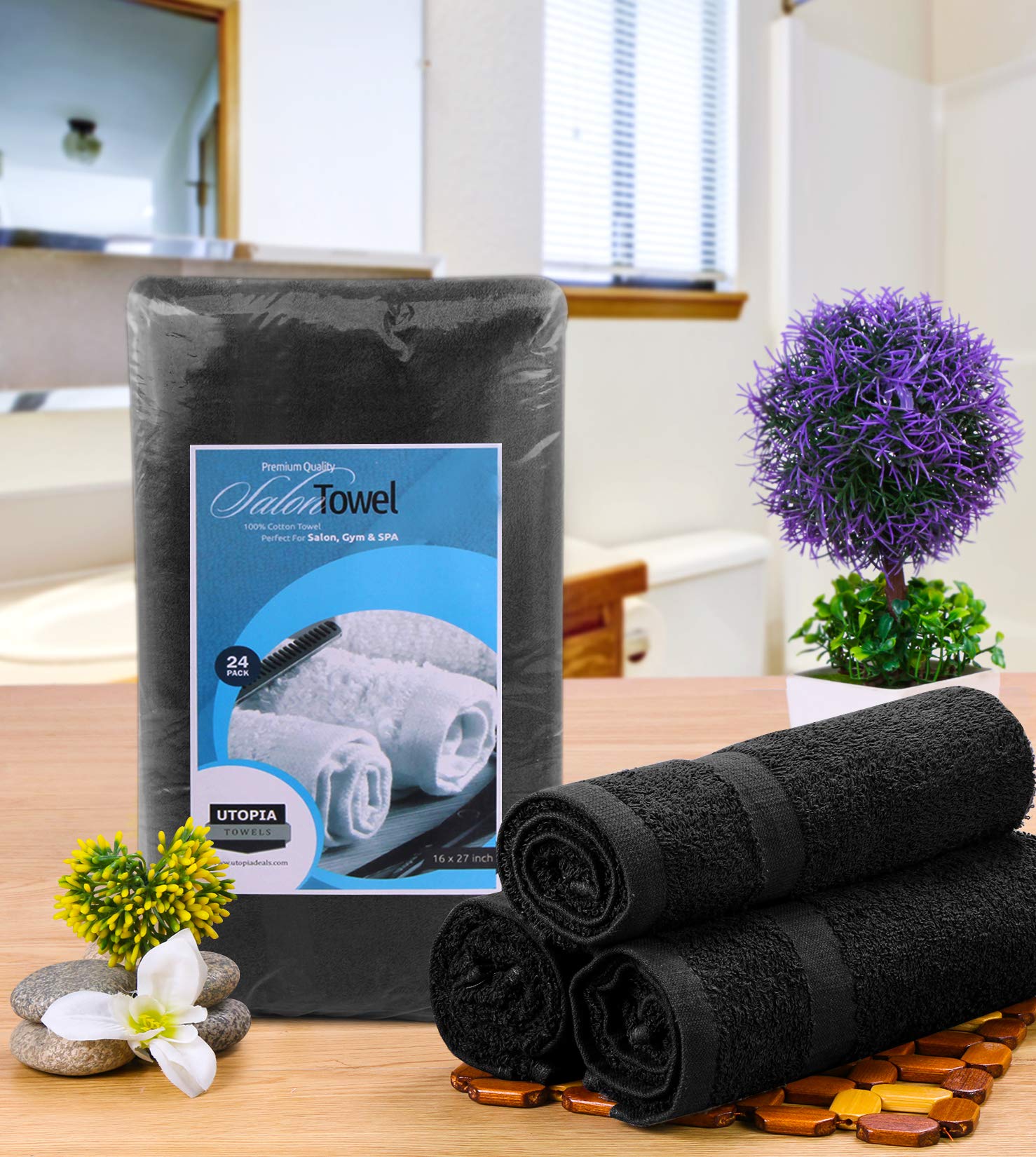 Utopia Towels - Salon Towel, Pack of 24 (Not Bleach Proof, 16 x 27 Inches) Highly Absorbent Cotton Towels for Hand, Gym, Beauty, Spa, and Home Hair Care, Black