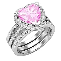 Dazzlingrock Collection 9mm Heart Shaped Created Gemstone & 0.63 CT Round Natural White Diamond Halo Style Wedding Ring Set for Her in 925 Sterling Silver