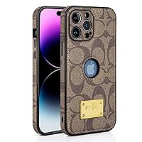 for iPhone 15 Pro Max Case with Logo View, Built-in Camera Lens Protector, Luxury Designer Classic Thin Shockproof Protective Cover Leather Phone case for iPhone 15 Pro Max Khaki