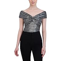 BCBGMAXAZRIA Women's Fitted Off The Shoulder Short Sleeve Bodysuit Twist Knot Pleated Foiled Knit Snap Closure One Piece, Gunmetal, X-Large