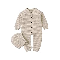 Cotton Baby Romper Newborn Baby Knitted Clothes Longsleeve Sweater Outfit for Boy and Girls with Warm Hat Set