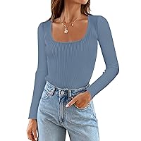 MEROKEETY Women's 2024 Square Neck Long Sleeve T Shirts Slim Fitted Ribbed Knit Casual Tee Tops