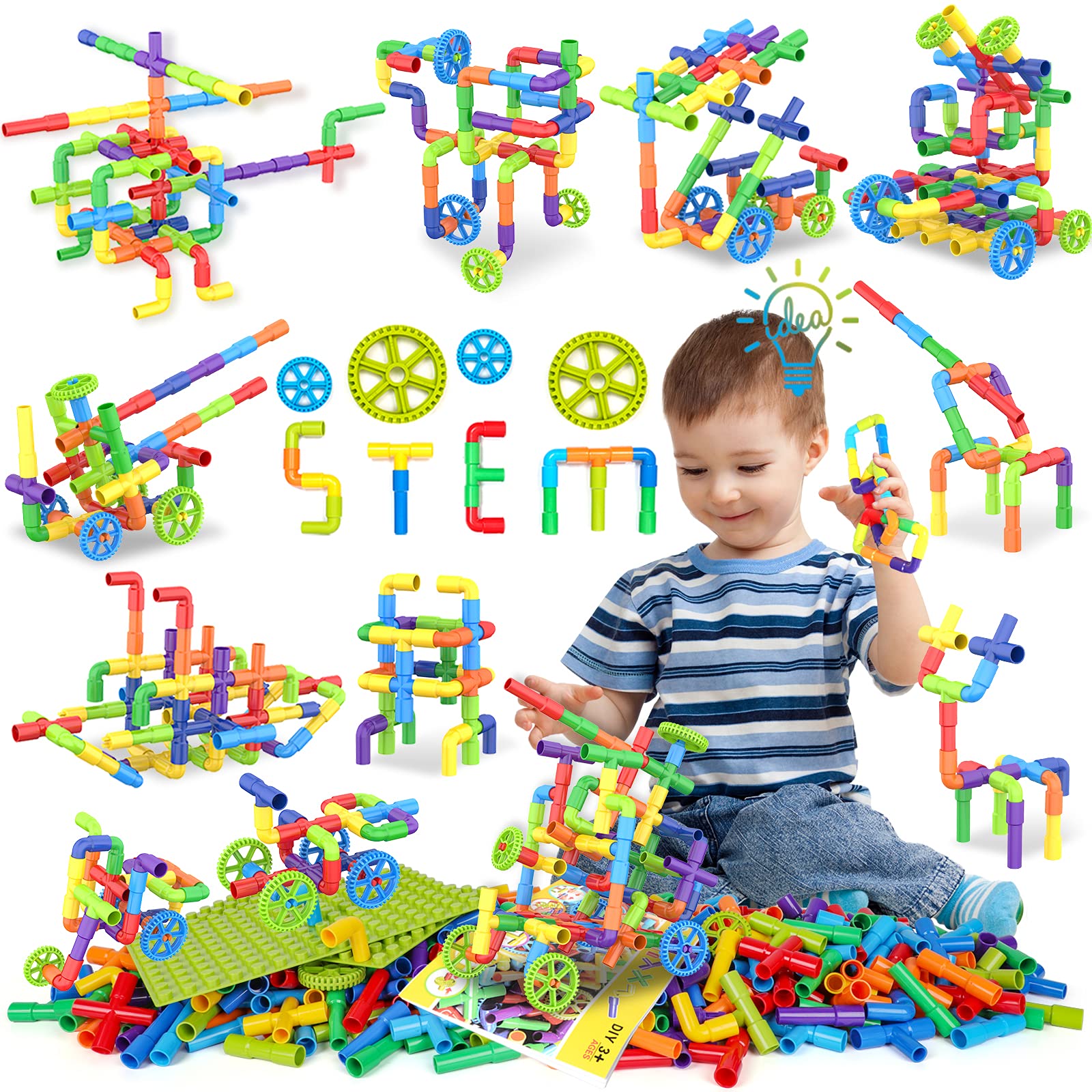 354 Pcs STEM Building Blocks Set Toy For Kid, Pipe Tube Sensory Toys with Wheels, Baseplate, Interlocking Storage Box, Kids Construction Building Blocks Educational Toy Gift For Toddler Boy Girl Child