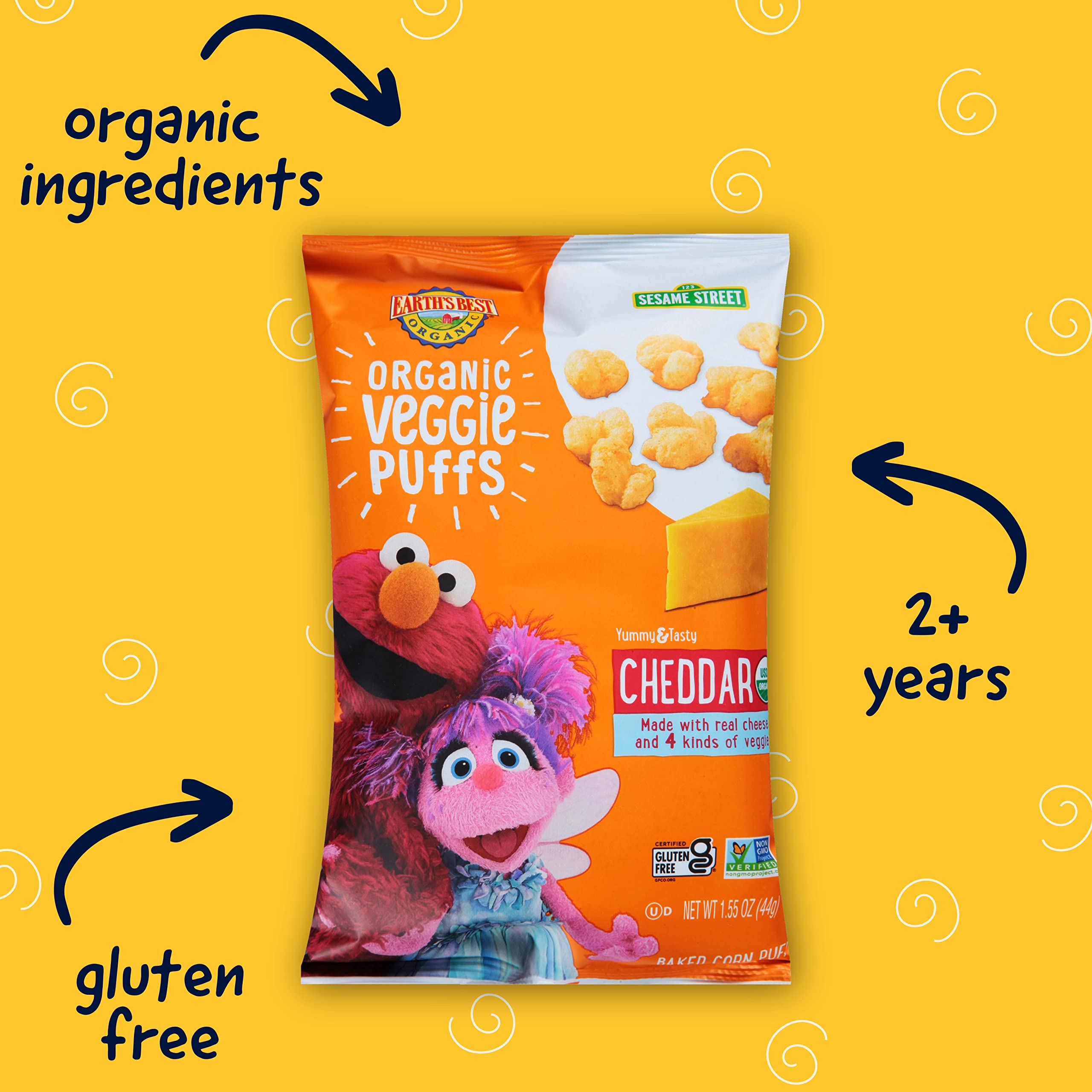 Earth's Best Organic Kids Snacks, Sesame Street Toddler Snacks, Organic Cheddar Veggie Puffs, Gluten Free Snacks for Kids 2 Years and Older, Cheddar, 1.55 oz Bag (Pack of 3)