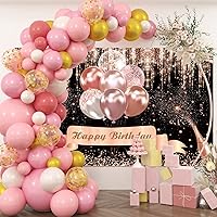 RUBFAC 159pcs Pink Gold Balloons Garland Arch Kit and Happy Birthday Decorations Backdrop for Women Girl Birthday Party Supplies