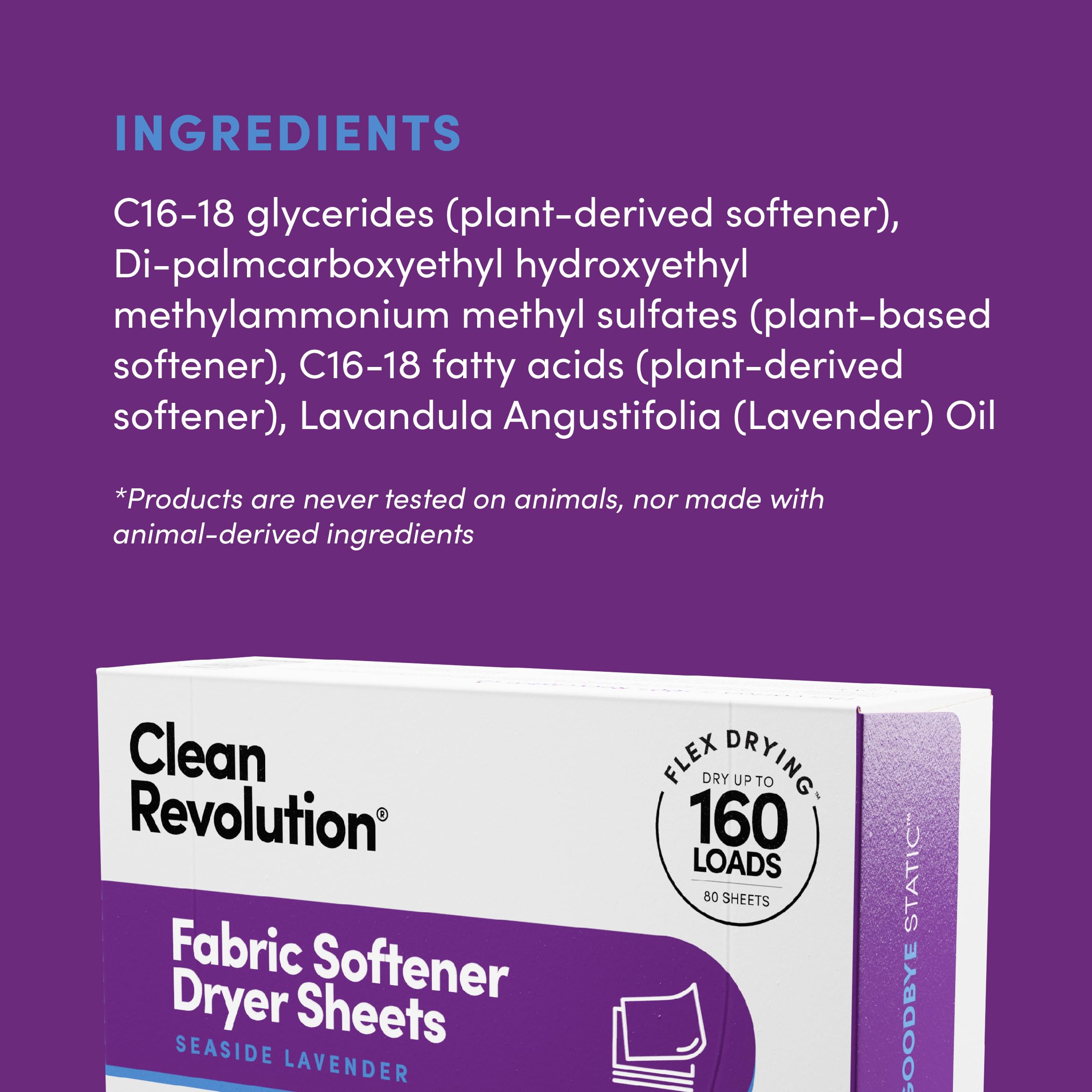 Clean Revolution Fabric Softener Dryer Sheets, 80 Sheets, 160 Loads, Seaside Lavender, Naturally Derived, Sensitive Skin Safe, Made in the USA