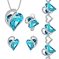 Leafael Infinity Love Heart Necklace, Stud Earrings, Bracelet, and Ring Set, December Birthstone Crystal Jewelry, Silver Tone Gifts for Women, Turquoise Aquamarine Blue