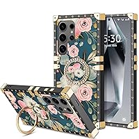 WOLLONY for Samsung Galaxy S24 Ultra 5G Square Case for Women with Ring Stand Holder Kickstand Floral Soft TPU Shockproof Protective Reinforced Corner Phone Case Girls for Galaxy S24 Ultra, Flowers