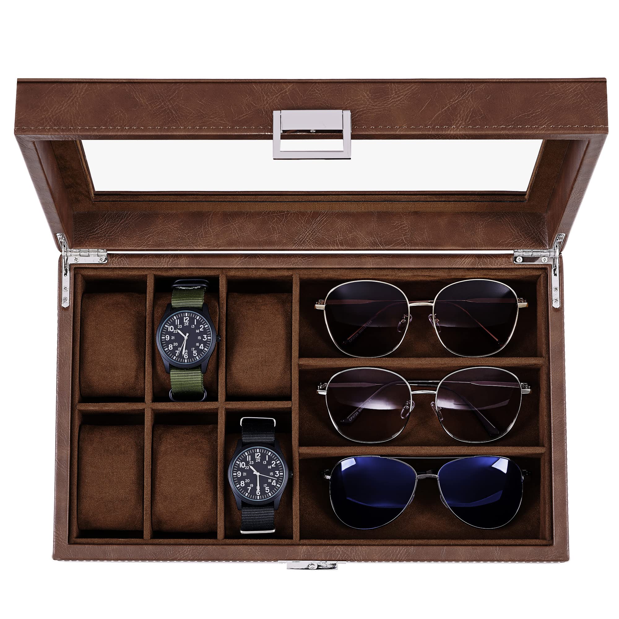 BEWISHOME 6 Watch Case and 3 Slots Sunglasses Box for Men & 10 Slots Watch Organizer for Men with Drawer,Bundle