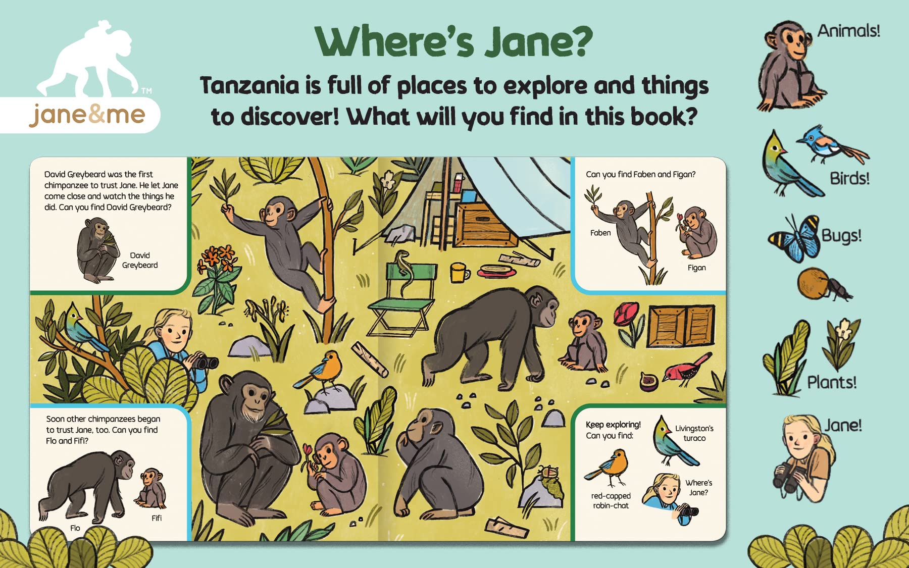 Where's Jane Look, Explore, & Find: A Hidden Pictures Board Book from the Jane Goodall Institute - Search For Animals in the Wilderness Including Chimpanzees, Leopards, Tigers, Cheetahs, and More!
