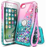 NGB Compatible for iPhone 6 6S 7 8 Case, iPhone SE 3 2022/iPhone SE 2 2020 Case with Tempered Glass Screen Protector, Ring Holder, Girls Women Kids Liquid Glitter TPU Cute Case (Pink/Aqua)