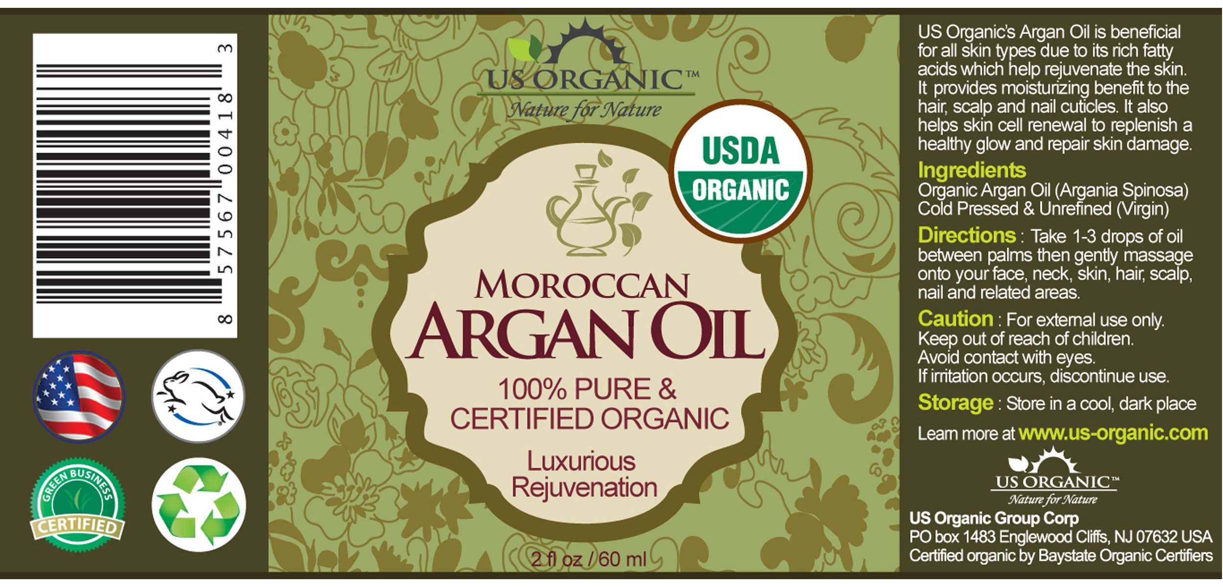 US Organic Moroccan Argan Oil, USDA Certified Organic,100% Pure & Natural, Cold Pressed Virgin, Unrefined, 2 Oz in Amber Glass Bottle, for Hair Treatment, Skin, Nail, Cuticle, Sourced from Morocco.