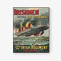 Avenge The Lusitania | Join An Irish Regiment Today | Military | Army | Marines | Navy | WW1 | World War | Vintage Poster | Art Print (11x14)