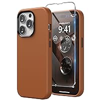 SURPHY Designed for Faux Leather iPhone 14 Pro Max Case with Screen Protector (6.7 inch), Metallic Buttons & Microfiber Lining Leather Phone Case for 14 Pro Max, Brown