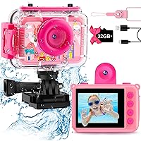 GKTZ Kids Waterproof Camera - 180 Rotatable 1080P HD Children Digital Action Camera Underwater Camera with 32GB SD Card, Birthday Gift Toys for Girls Age 3-14
