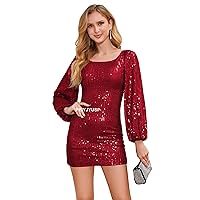 PEIYJYUSP Square Neck Sequin Short Homecoming Dresses for Teens Long Sleeve Tight Cocktail Party Dresses for Women 2024