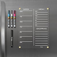 Magnetic Acrylic Week, Menu & Shopping List for Fridge, Includes 4 magnetic wet-erase markers for Refrigerator, 9