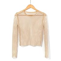 Mesh Rhinestone Top Sexy Tee Tops for Women Fishnet Mesh Long Sleeve Net Shirt for Women Sparkly Top (Color : Khaki, Size : One Size)