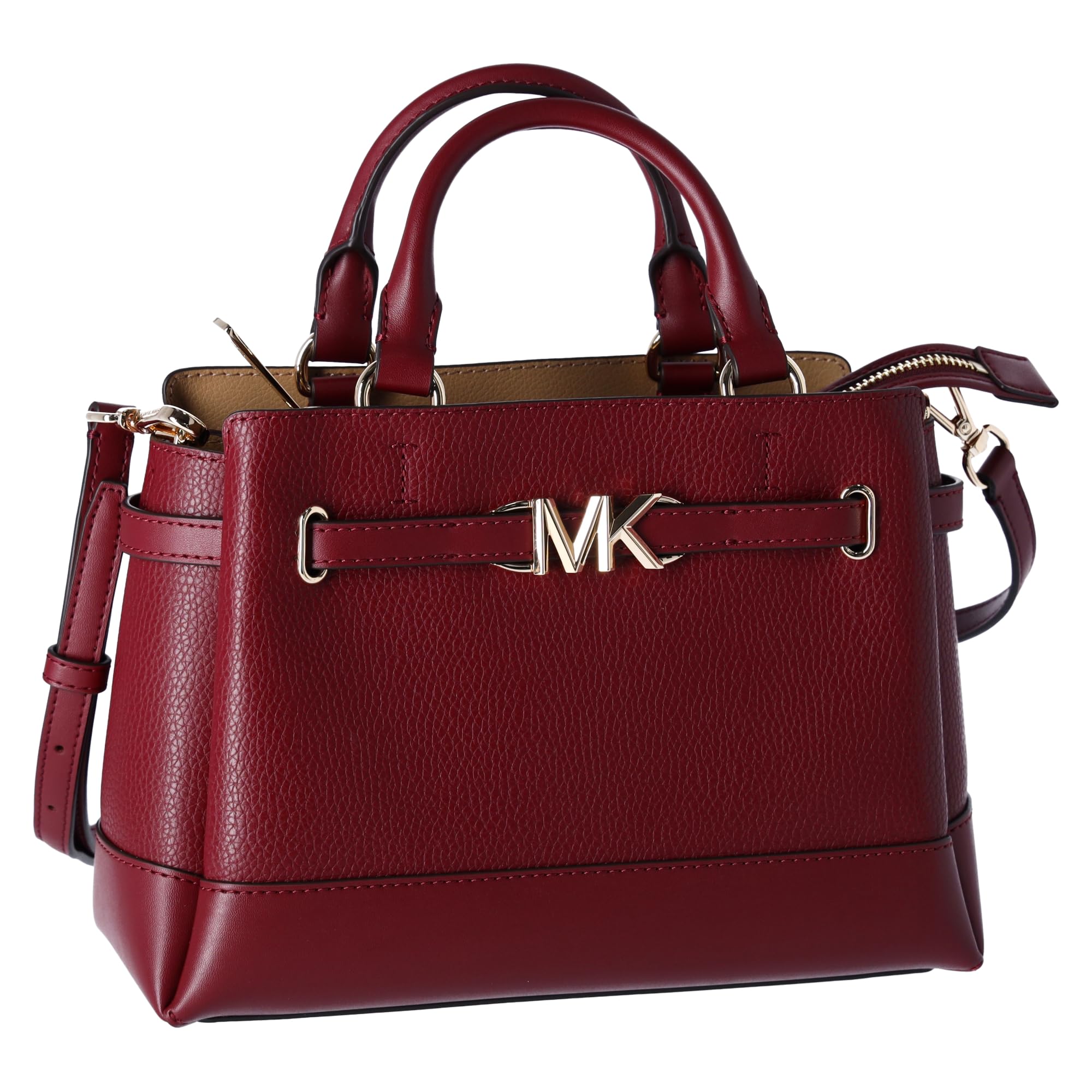 Michael Kors Reed Small Center Zip Logo Belted Satchel Crossbody Dark Cherry Leather