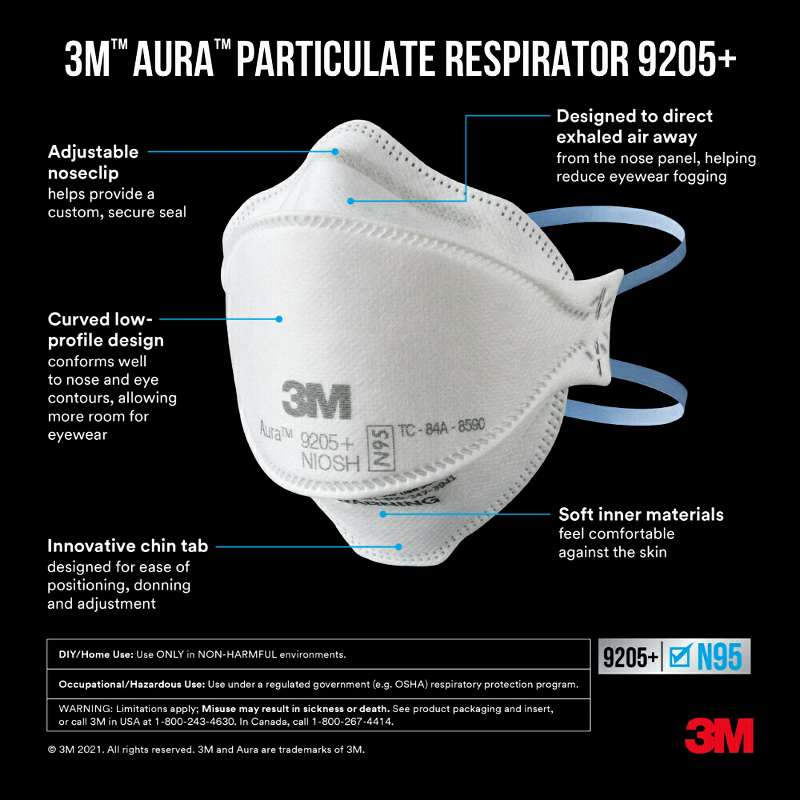 3M Aura Particulate Respirator 9205+ N95, Lightweight, Three Panel Designed Respirator Helps Provide Comfortable And Convenient Respiratory Protection, 10-Pack