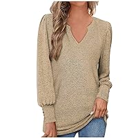 Women's Button Puff Sleeve Knit Warm Tops V-Neck Casual Cozy Sweater Pullover Fall Fashion Solid Color Tunic Shirts