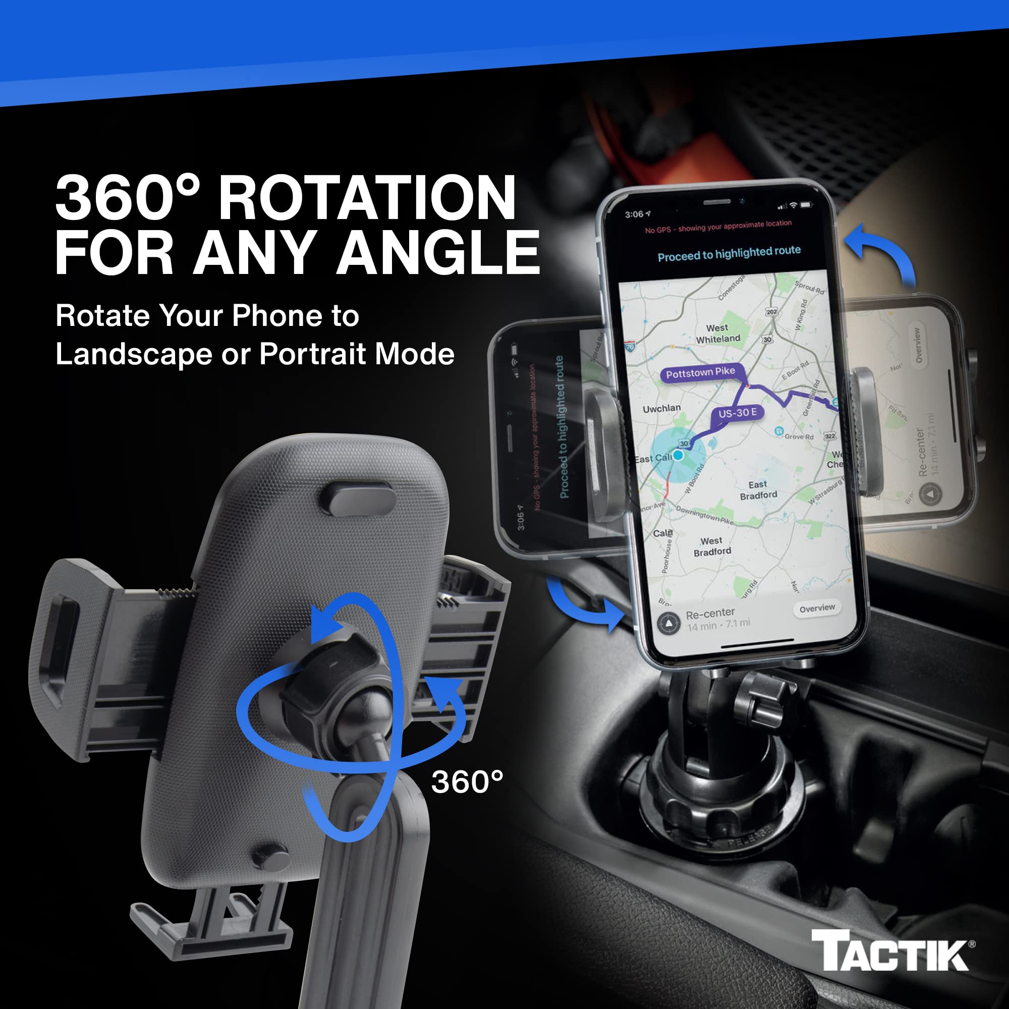 TACTIK Cup Holder Phone Mount Car Phone Holder Mount - Cell Phone Holder Car Adjustable 360° Rotation - Universal iPhone Holder for Car - Compatible with iPhone, Samsung Android, Google, Moto & More