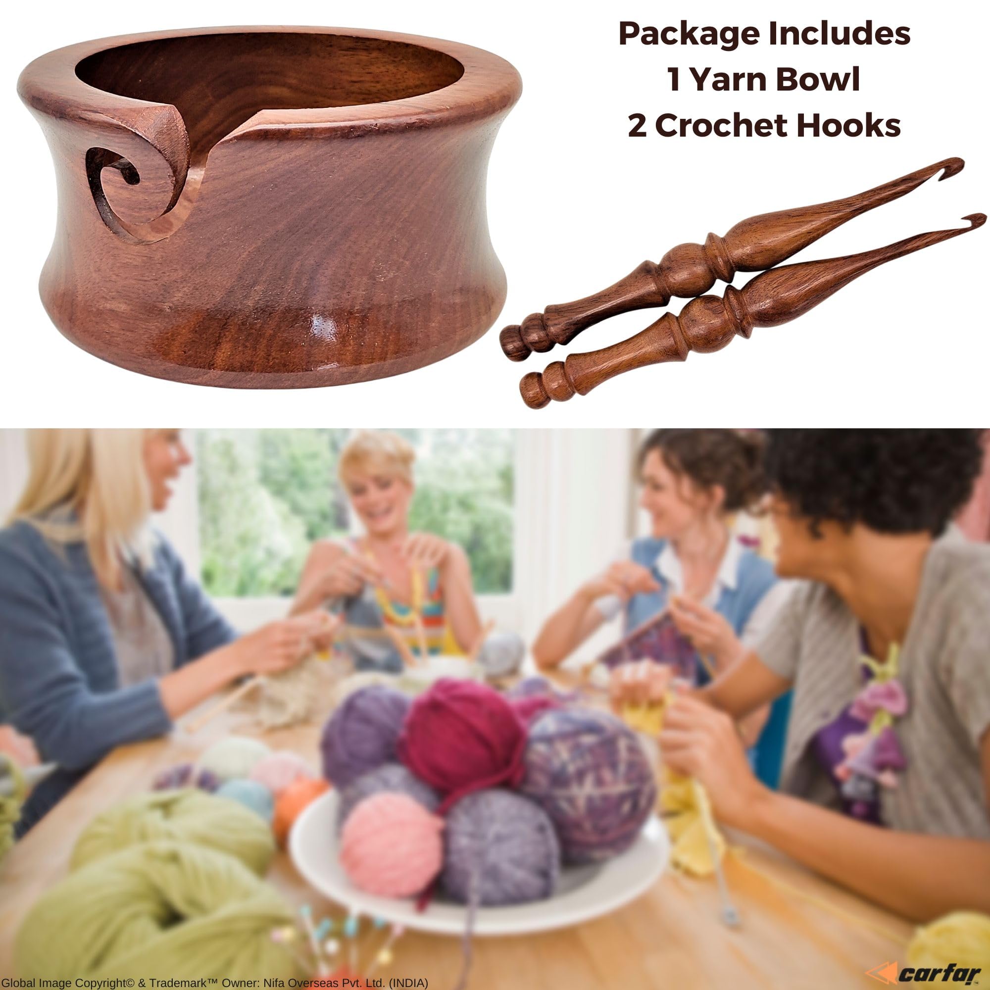 Carfar Knitting Yarn Bowl & Crochet Hooks Set Handmade Wooden Yarn Holder Bowl for Craft Crocheting and Knitting