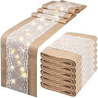 6 Pieces 12 x 108 Inches Burlap Table Runner with String Lights Rustic Lace Table Runner Farmhouse Jute 9ft Table Runner Wedding Decor with Fairy Light Table Decoration for Home Wedding Party Holiday