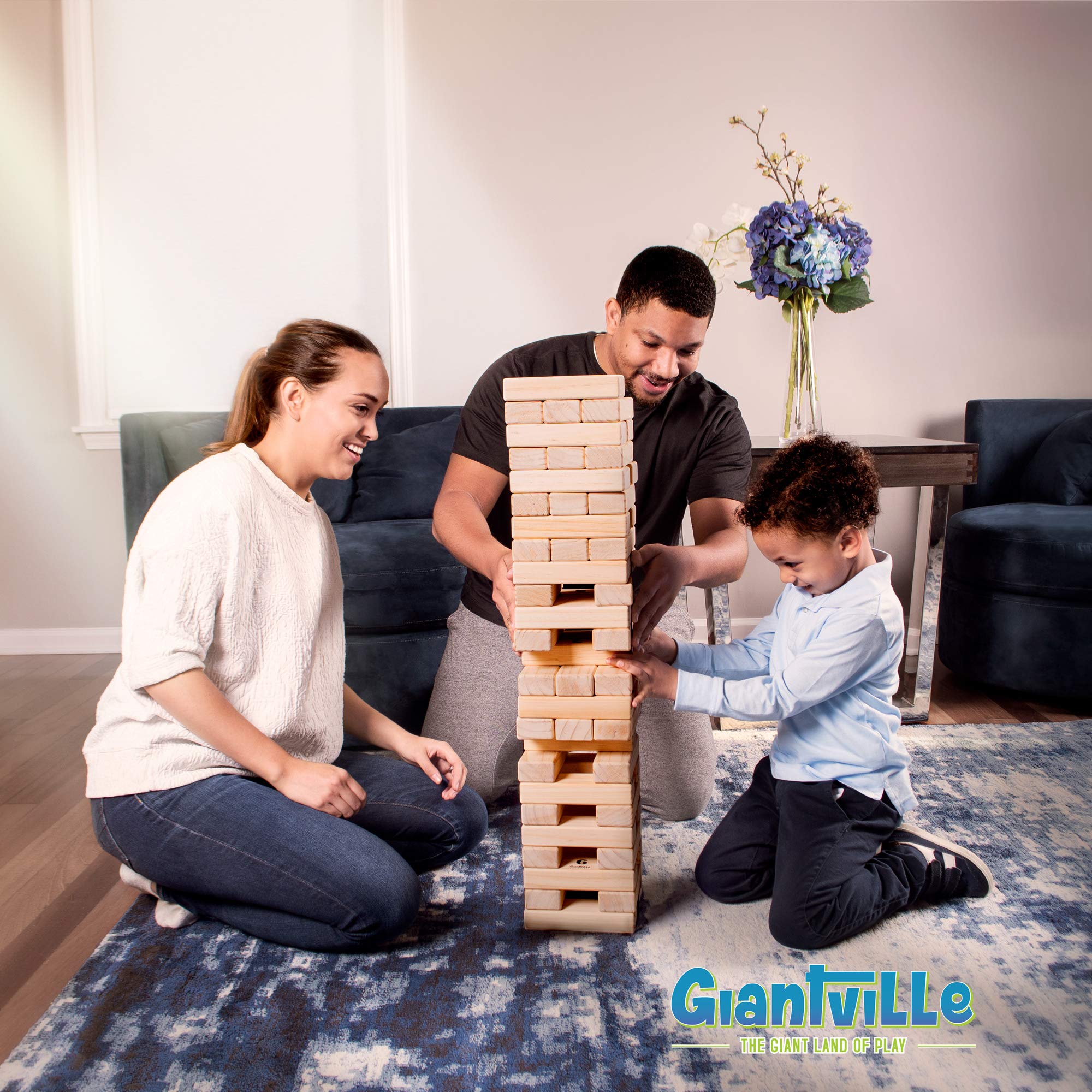 Giantville Giant Tumbling Timber Toy - Premium Pine Wood Life-Size Blocks Tower - Big Floor/Board Indoor/Outdoor Yard Game for Kids & Adults - 60-Pieces + Storage Crate/Platform - Grows to Over 5-Feet