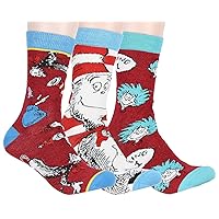 Dr. Seuss Socks Adult Cat In The Hat Thing 1 Thing 2 Character Design 3 Pack Mid-Calf Crew Socks