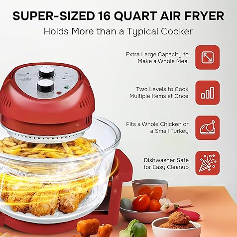 Big Boss 16Qt Large Air Fryer Oven – Large Halogen Oven Cooker with 50+ Air Fryers Recipe Book for Quick + Easy Meals for Entire Family, AirFryer Oven Makes Healthier Crispy Foods – Red