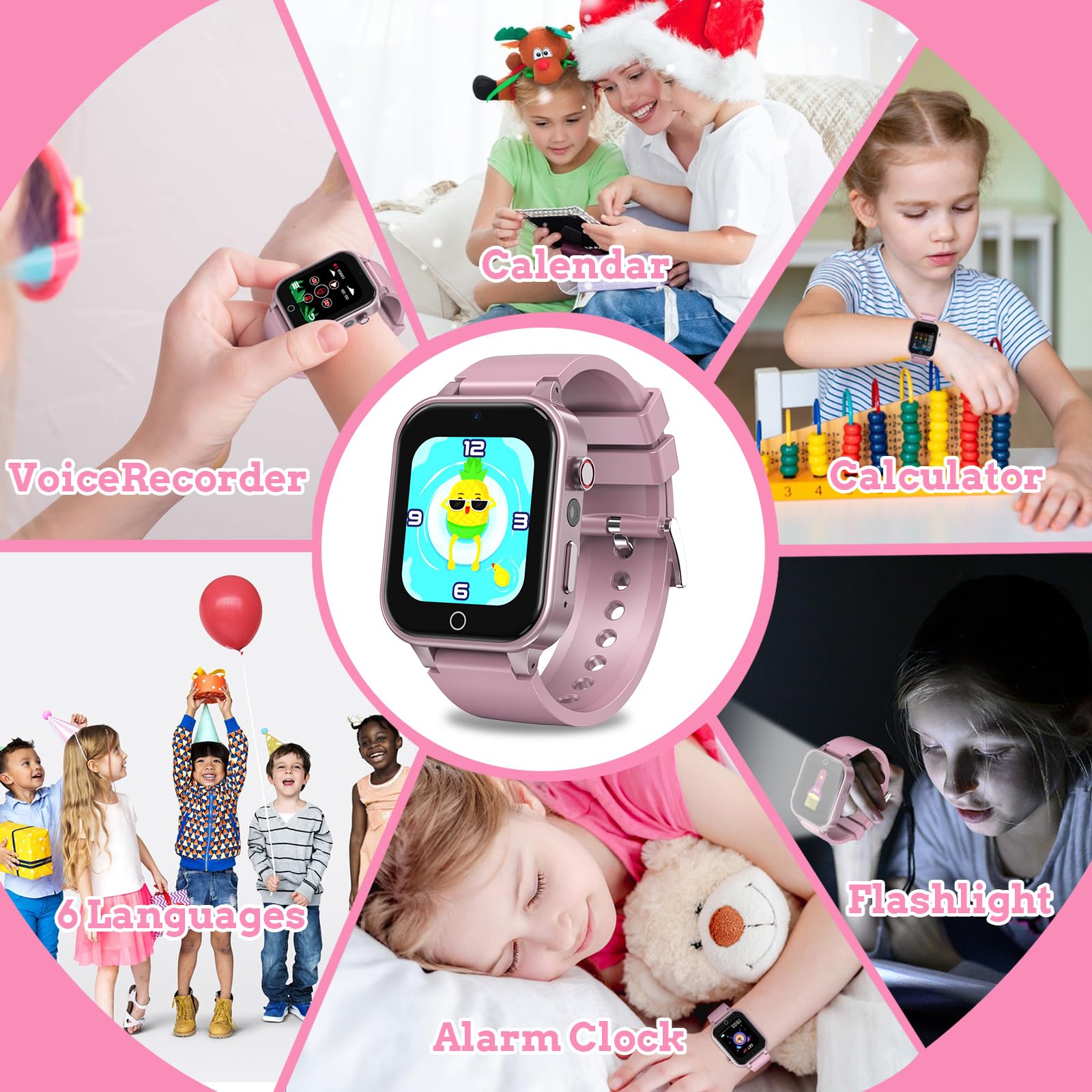 Goodatech Smart Watch for Kids 4-12 Years Boys Girls, 26 Puzzle Games,HD Camera,Video Music Player,Pedometer,Flashlight,Calendar Stopwatch Timer,Alarm Clock, Aluminum Case,Sport Band (Pink)