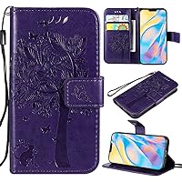 XYX Wallet Case for LG V40, Embossed Cat Butterfly Flowers PU Leather Flip Protective Phone Case Cover with Card Slots for LG V40/LG V40 ThinQ, Purple