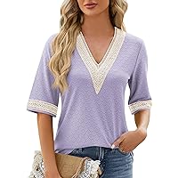 Summer Tops for Women Dressy Casual Half Sleeve Lace Trim V Neck Shirts 2024 Loose Fit Tee Shirts Blouse