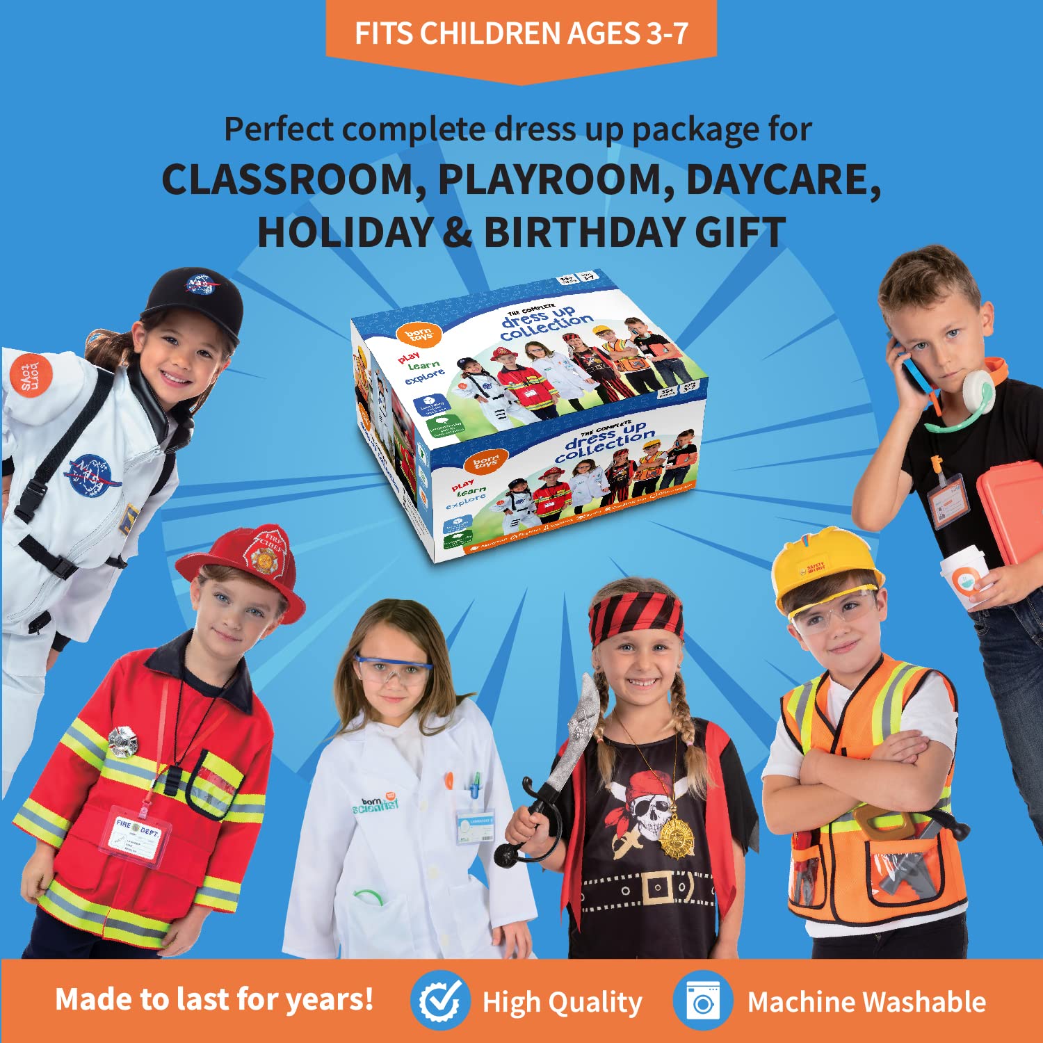 Born Toys 6-in-1 Kids' Dress Up & Pretend Play Firefighter, Astronaut, Scientist, Construction, Pirate, Office Set and Doctor Set