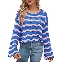 Women's Drop Shoulder Stripes Knit Hollow Crop Tops Bell Long Sleeve Scalloped Hem Fashion Casual Loose Pullovers