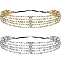 ANCIRS 2 Pack Multi Layered Elastic Headband for Women, Adjustable Rhinestone Bridal Headpieces, Stretchy Jewelry Hair Bands Accessories for Girls- Gold & Silver