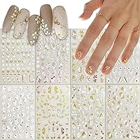 8 Sheets White Gold Flower Nail Art Stickers 3D Self-Adhesive Daisy Floral Leaves Nail Decals Holographic Cherry Blossom Metal Petal Butterfly Nail Design for Women Nail Art Decorations Supplies
