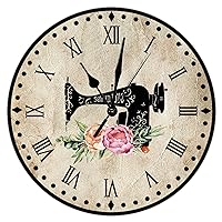 Floral Sewing Machine Clock Sewing Theme Wooden Round Wall Clock 15inch Bright Silent Non-Ticking Battery Operated Wood Print Large Wall Clock for Living Room Home Craft Room Decor Office