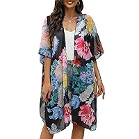 Chunoy Women Summer Open Front Short Sleeve Lightweight Side Slits Cambria Floral Chiffon Kimono Cardigan Beach Wear Cover Up Black X-Large