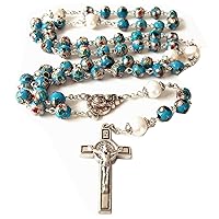 elegantmedical HANDMADE NICE Blue CLOISONNE & 10mm Pearl BEAD ROSARY NECKLACE Italy St.Benedict cross Box
